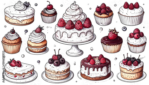 A whimsical array of cartoon cakes and cupcakes with white frosting, and topped with berries. Set against a dark background, illustrative and delicious