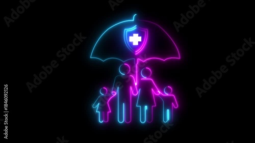 Glowing An animated neon family icon under an umbrella with a medical shield. Represents comprehensive family health insurance, protection and security.4k video animation