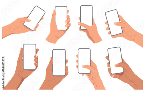 Hand holding smartphone with blank touch screen, isolated vector set with clipping path, white background, mobile phone mockup for app design, user interface showcase, modern technology and communic