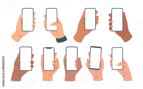 Set of hand holding mobile blank touch screen, isolated with clipping path on white background, smartphone mockup for app presentation, user interface display, realistic device usage concept