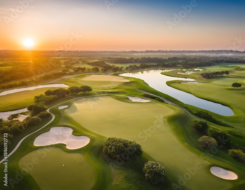 Aerial view of golf course and water at sunrise. An aerial view of a golf course in Florida.