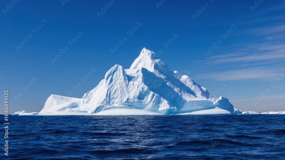 custom made wallpaper toronto digitalA towering iceberg rises from calm deep-blue sea beneath a clear azure sky, with jagged icy peak. Vast horizon