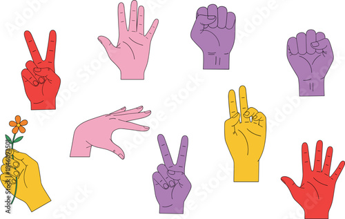 Colorful hand gesture illustration set with peace sign, open palm, fist and symbolic poses in modern flat style