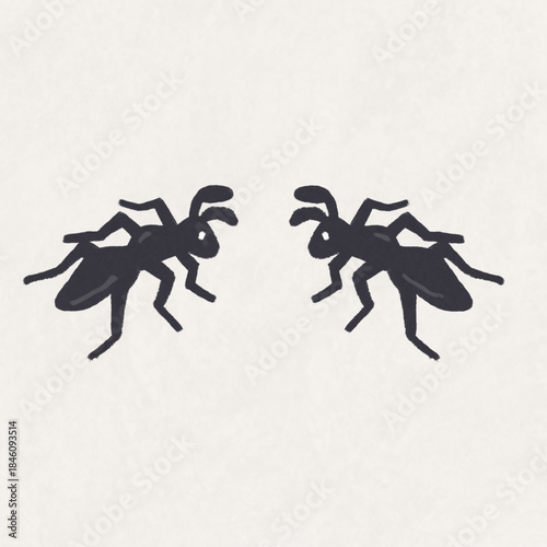 Two Ants Facing Each Other – Hand-Drawn Black Ink Illustration