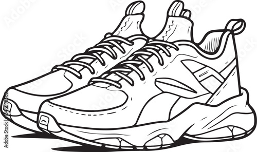 Sneakers Sport Shoes for Running Hand-drawn Sketch Drawing Vector Illustration, Line Linear Symbol Engraving Coloring Book, Black and White Isolated
