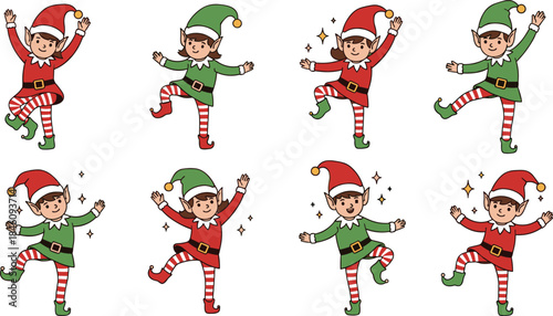 Cute Christmas elf kids dancing, celebrating the holiday spirit, wearing Santa helper costume, striped tights, red and green clothes, isolated cartoon vector illustration on white background.
