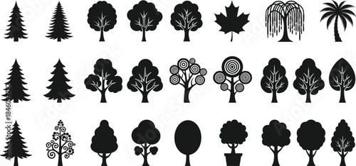 Title: Diverse vector tree silhouettes collection, black and blue outlines, representing various species: pine, oak, maple, weeping willow, palm. Ideal for nature, ecology, design