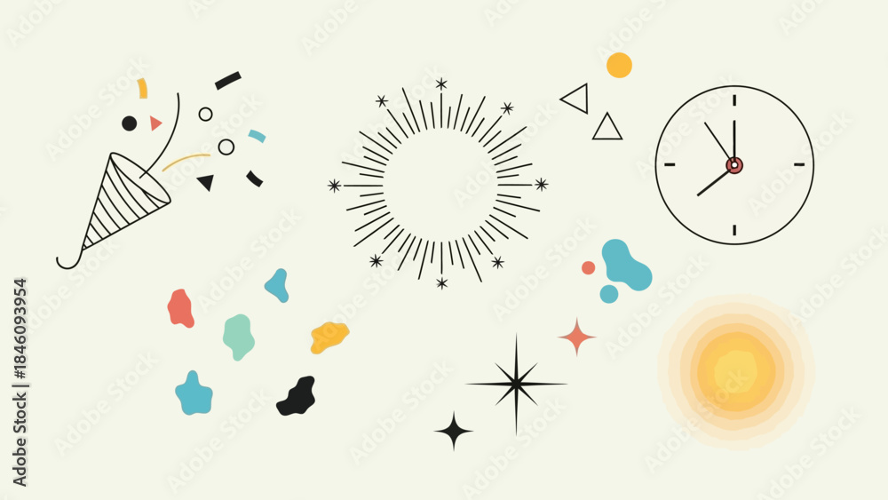 Obraz premium Abstract illustration of celebration elements including a party popper, sunburst, clock, and colorful shapes, in a minimalist line art style.