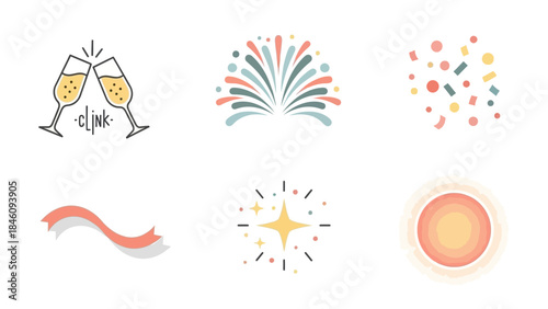 Six festive icons including champagne glasses, fireworks, confetti, ribbon, and a sparkling star.