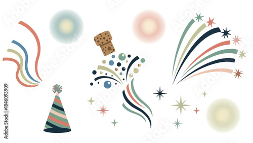 A cheerful festive vector illustration showing colorful fireworks bursts confetti and celebration icons like stars and ribbons on a light background
