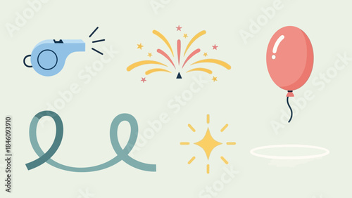 A collection of festive and celebratory icons including a whistle, fireworks, a balloon, a ribbon, and a sparkling star.