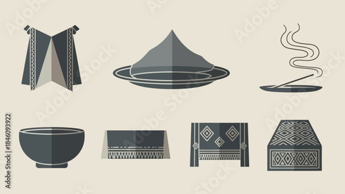 Collection of traditional cultural items including a tent, conical hat, incense, bowl, and patterned textiles in a minimalist style.