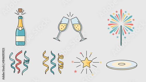 A collection of festive celebration icons including champagne, fireworks, streamers, and a sparkling star, perfect for parties and special occasions.
