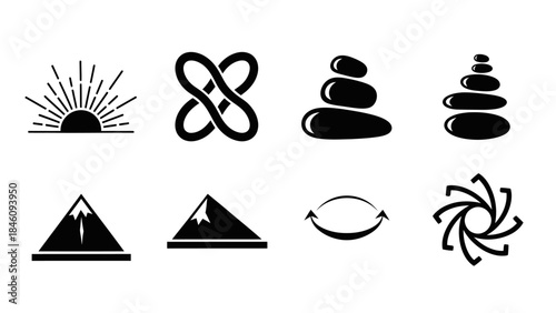 Collection of eight black and white vector icons featuring nature, abstract symbols, and spiritual elements.