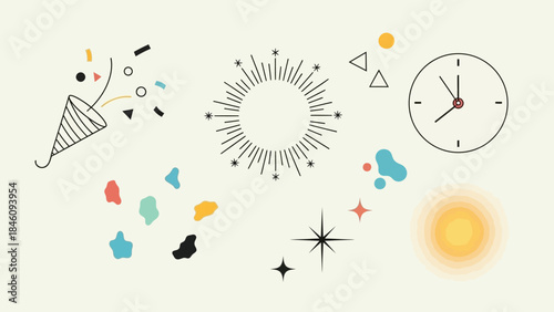 Abstract illustration of celebration elements including a party popper, sunburst, clock, and colorful shapes, in a minimalist line art style.