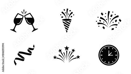 Party Icons: A collection of simple, elegant icons representing the elements of a joyous celebration, including champagne glasses, firecrackers, streamers, and a clock.
