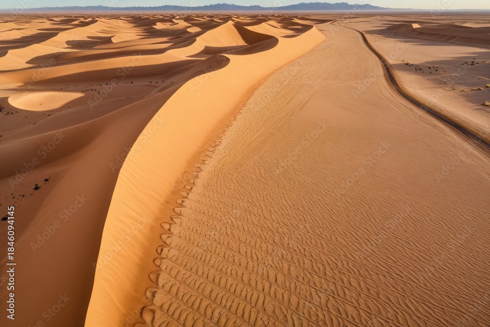 Naklejka premium Weite Sanddünenlandschaft mit sanften Wellen und Spuren im weichen, goldenen Sand der Wüste