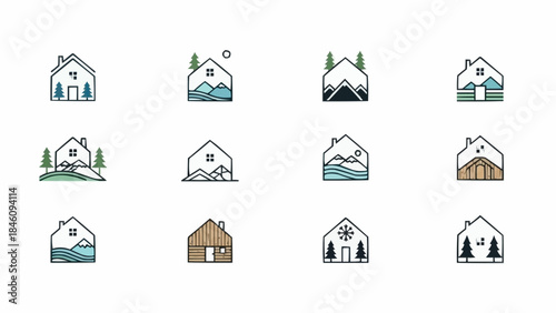 Collection of Minimalist House Icons with Nature Elements.