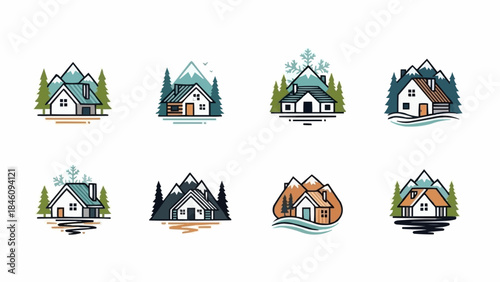 Collection of Cozy Mountain Cabin Logos Set.