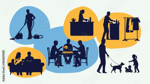 Diverse Daily Life Activities and Household Chores Depicted in Silhouettes.