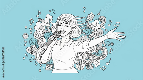 Woman Singing Enthusiastically into Microphone with Musical Notes.