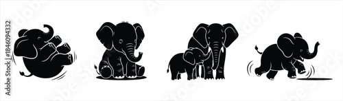Collection of playful elephant silhouettes illustrating various baby elephant activities and an adult companion