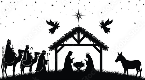 Traditional Christmas Nativity Scene Silhouette with Holy Family Jesus Mary Joseph Three Kings Camel Angel Star of Bethlehem Stable Vector Illustration Faith Religion Black and Blue.