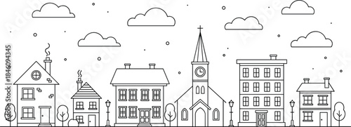 Minimalist Blue Outline Vector Illustration of a Quaint Town Street with Residential Houses, Church Steeple, Apartment Buildings, Snowy Weather, and Fluffy Clouds