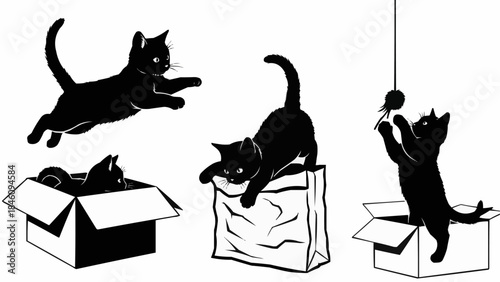 Black cats playing and jumping in boxes and with toys.