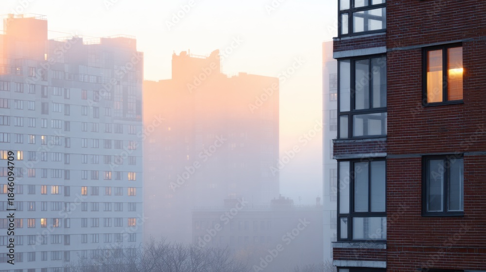 Fototapeta premium Dawn cityscape veiled in fog; distant high-rises dim in orange haze as a brick building sits to the right. far