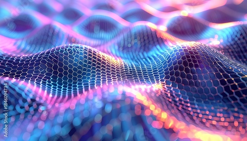 Vibrant abstract digital mesh surface with neon colors and wavy pattern.