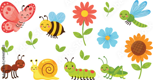 Cute cartoon garden insects and flowers illustration set with butterfly, bee, snail, ant and grasshopper characters