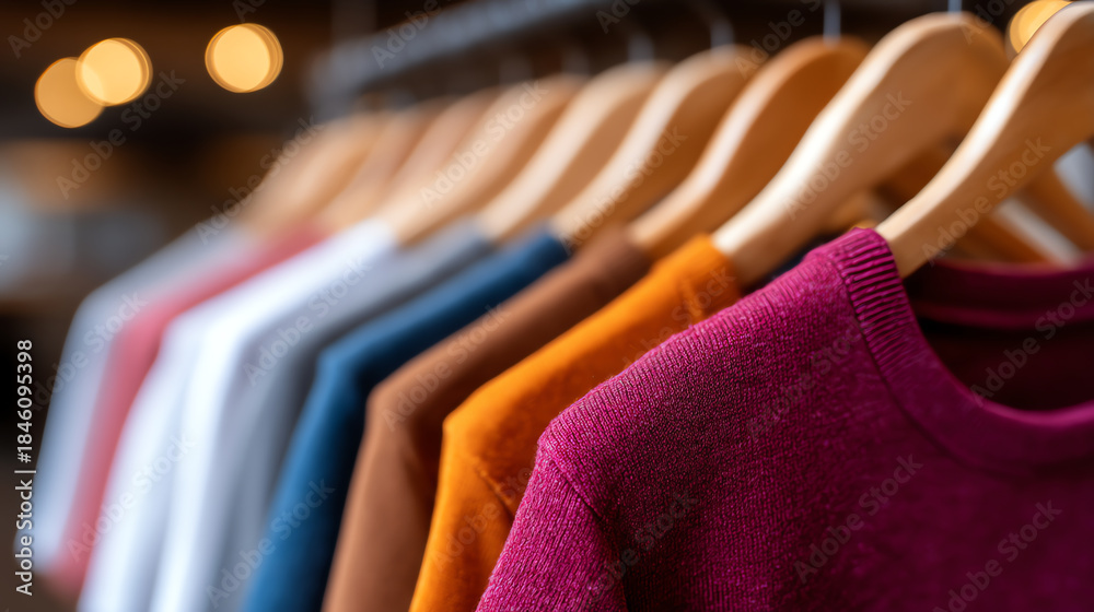 Obraz premium Colorful sweaters neatly hung on wooden hangers in a row, showcasing a variety of autumn tones in a cozy, softly lit retail or closet setting