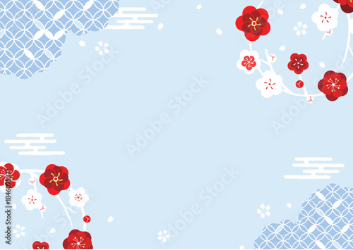 梅の丸と和柄の背景イラスト