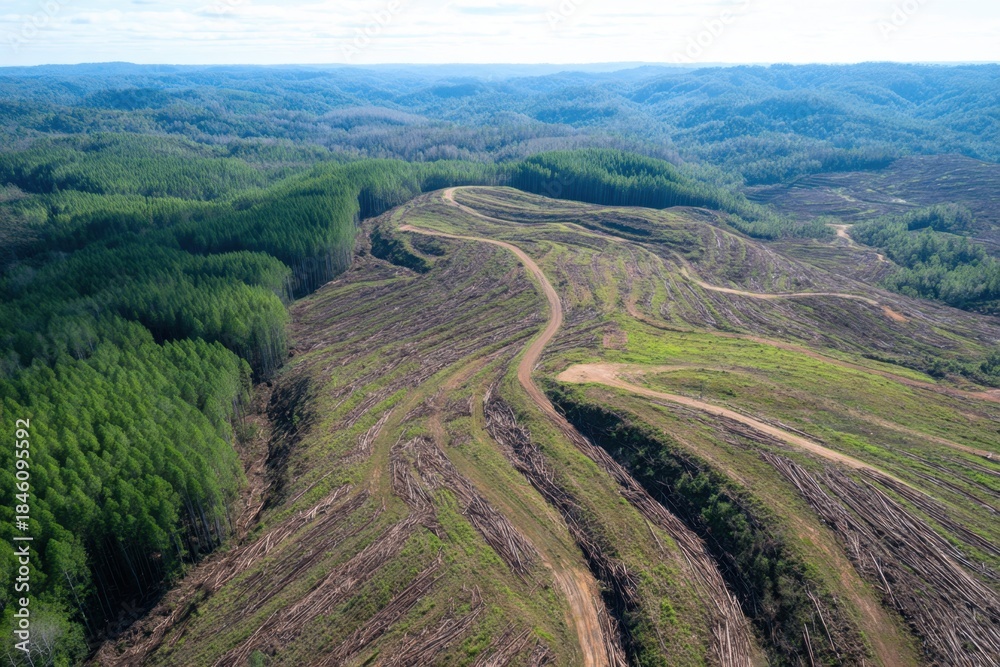 Fototapeta premium Aerial view of winding dirt roads cutting through moorland and forest revealing barren earth and lush greenery