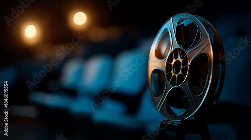 A close-up of a film reel in a dimly lit movie theater with empty seats and warm lights softly glowing in the background