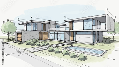 Modern Architectural House Design Sketch with Pool and Landscaping.
