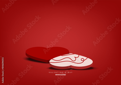 3D Platform Hearts for Valentine's Day Product Display on Red Background. Vector Illustration.