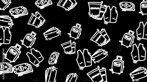 Seamless Loop of Hand-Drawn Travel and Money Icons on Black Background.