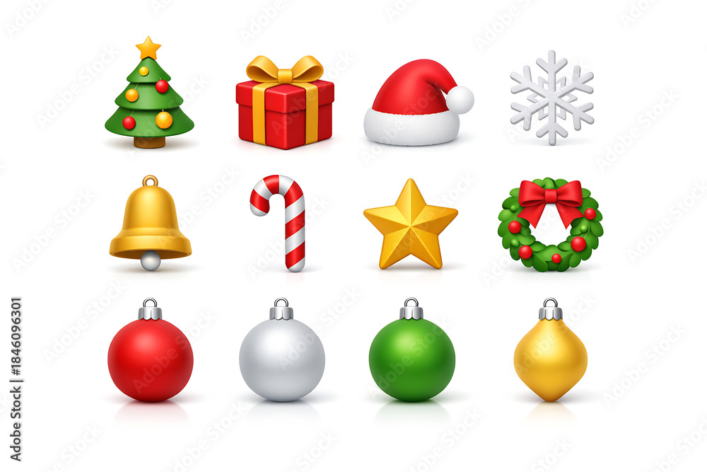 Set icons of Christmas clipart elements, snowflake, Christmas tree, ball, snowman, holly berry, gingerbread man, bow, caramel cane, cocoa drink, gift box isolated. 3d rendering Set icons of Christmas clipart elements, snowflake, Christmas tree, ball, snowman, holly berry, gingerbread man, bow, caramel cane, cocoa drink, gift box isolated. 3d rendering