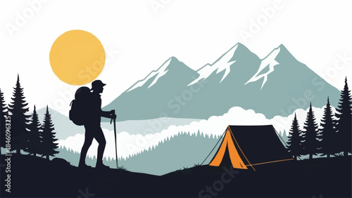 Silhouette of a hiker with a backpack and trekking poles.