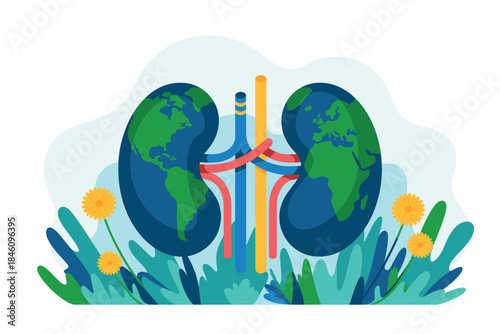 Vibrant illustration of Earth kidneys with colorful tubes and flowers
