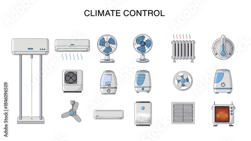 Collection of climate control devices illustrated against a white background