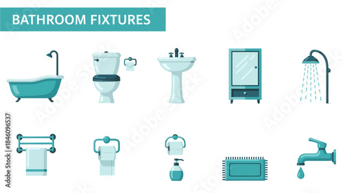 Flat design illustration of various turquoise and white bathroom fixtures and accessories
