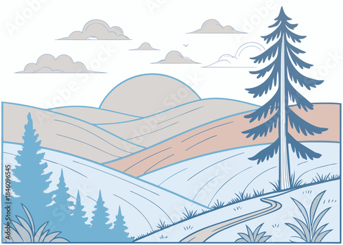 Serene Landscape Illustration: A stylized illustration depicting a tranquil mountain vista, featuring rolling hills, a winding path, and a majestic evergreen tree.