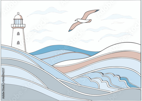 Seagull and Lighthouse on Ocean: A serene illustration showcases a coastal scene, where a lighthouse stands guard. A soaring seagull captures the freedom of the seaside and beauty of this place. 