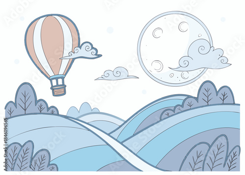 Dreamy Ascent: A hot air balloon gracefully ascends towards the night sky, passing fluffy clouds, and the moon above rolling hills, as if straight from a children's book.