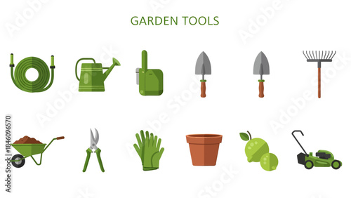 Flat illustration of green garden tools and supplies on a white background
