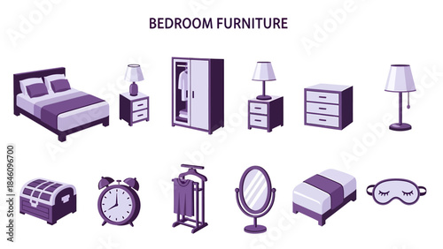 Isometric purpletoned illustrations of bedroom furniture and accessories on a white background