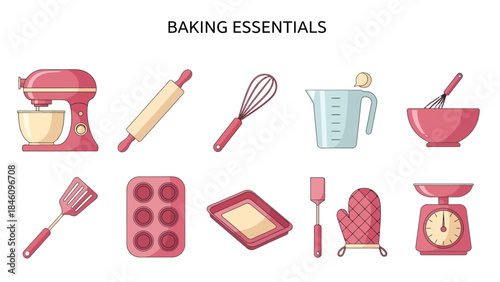 Ten pink and beige baking tools illustrated on a white background